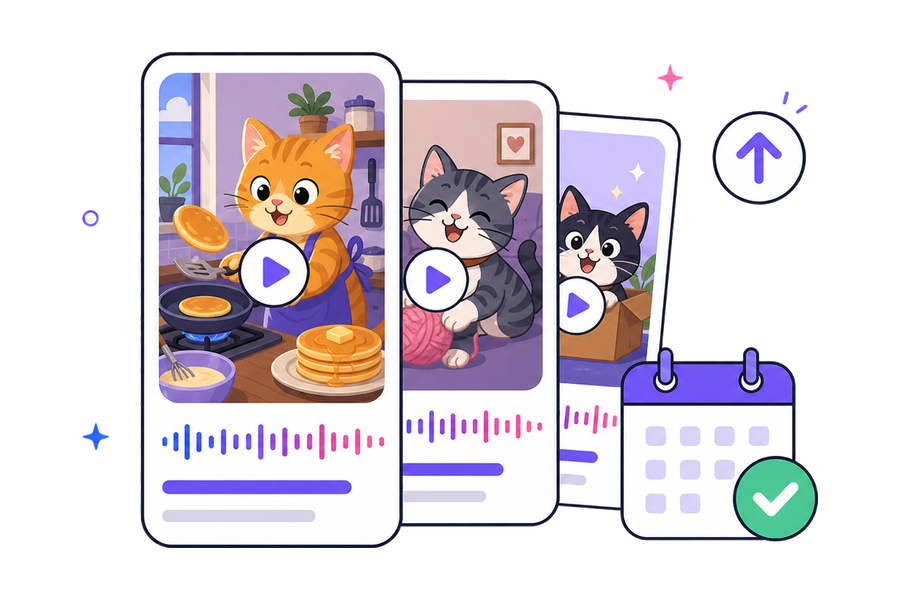 A stack of finished AI cat videos scheduled as a series