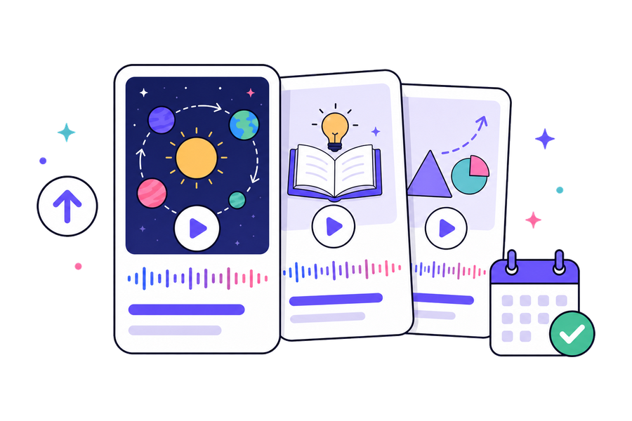 A stack of finished educational videos scheduled as a course series