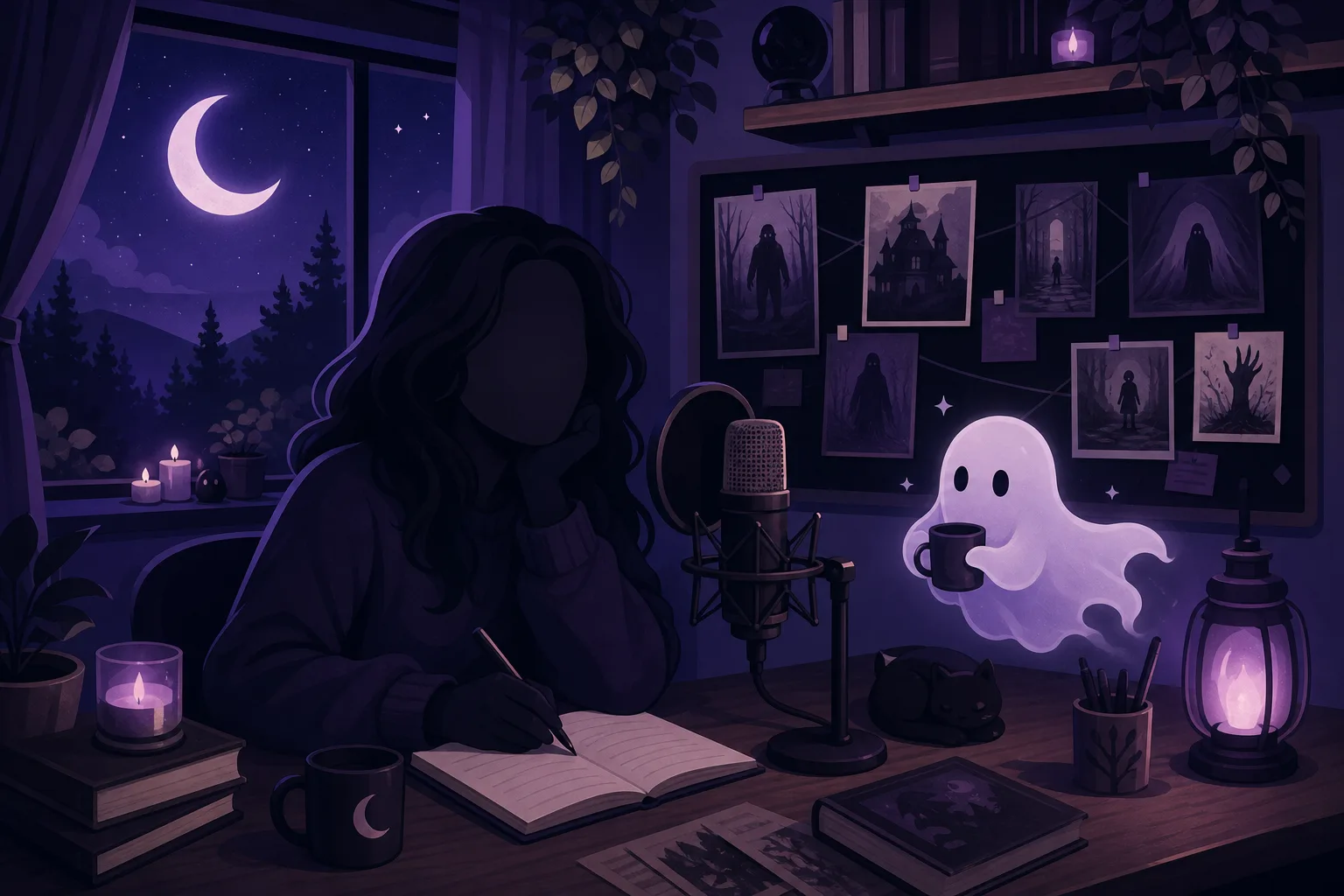 A faceless horror narration setup — moonlit desk with a microphone and a dark storyboard, flat illustration