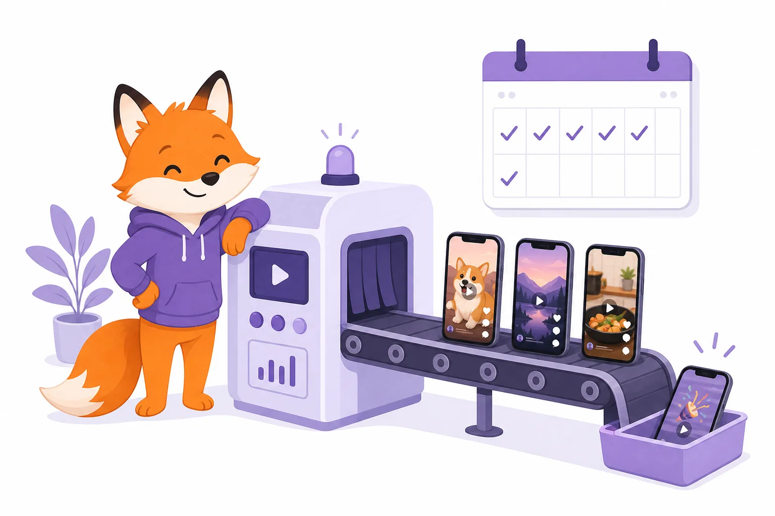 A content calendar on autopilot — a fox character watching episodes roll off a scheduled production line, flat purple illustration