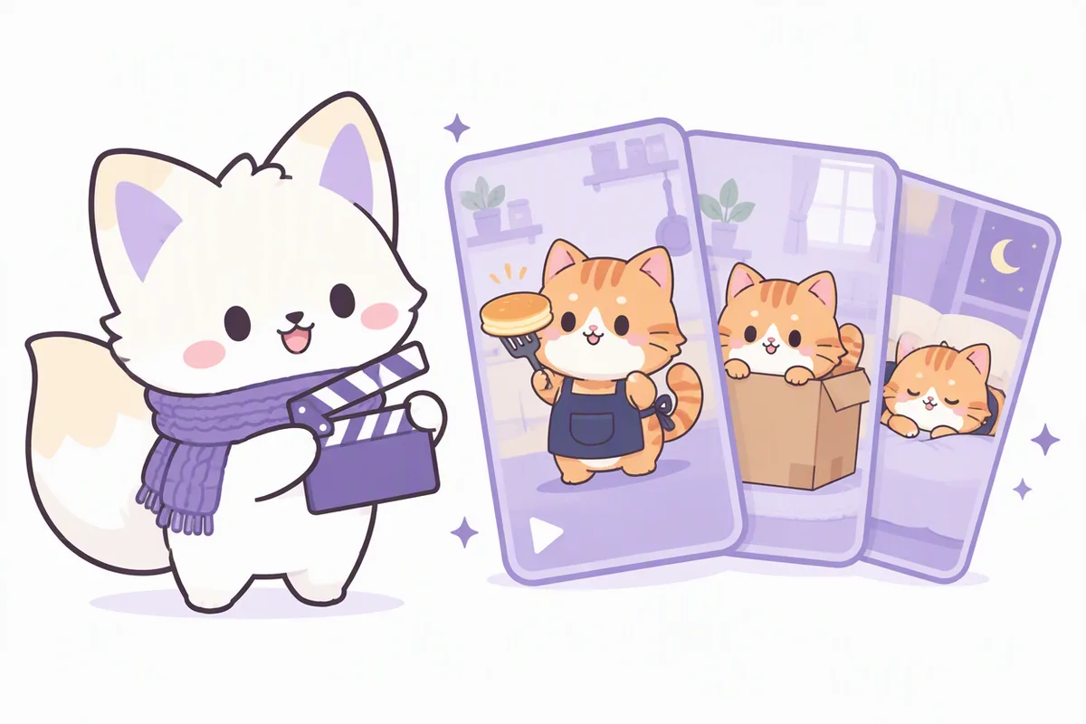 How to make AI cat videos — a fox director with a clapperboard beside a stack of vertical video cards showing the same orange cat in each episode