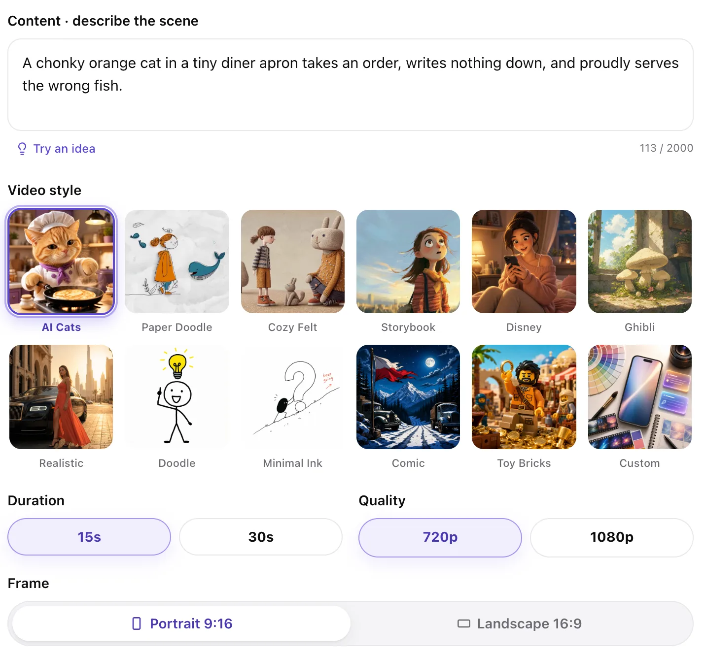 How to make an AI cat video in Fableclip's AI Animation — a cat prompt in the content box with the AI Cats video style selected
