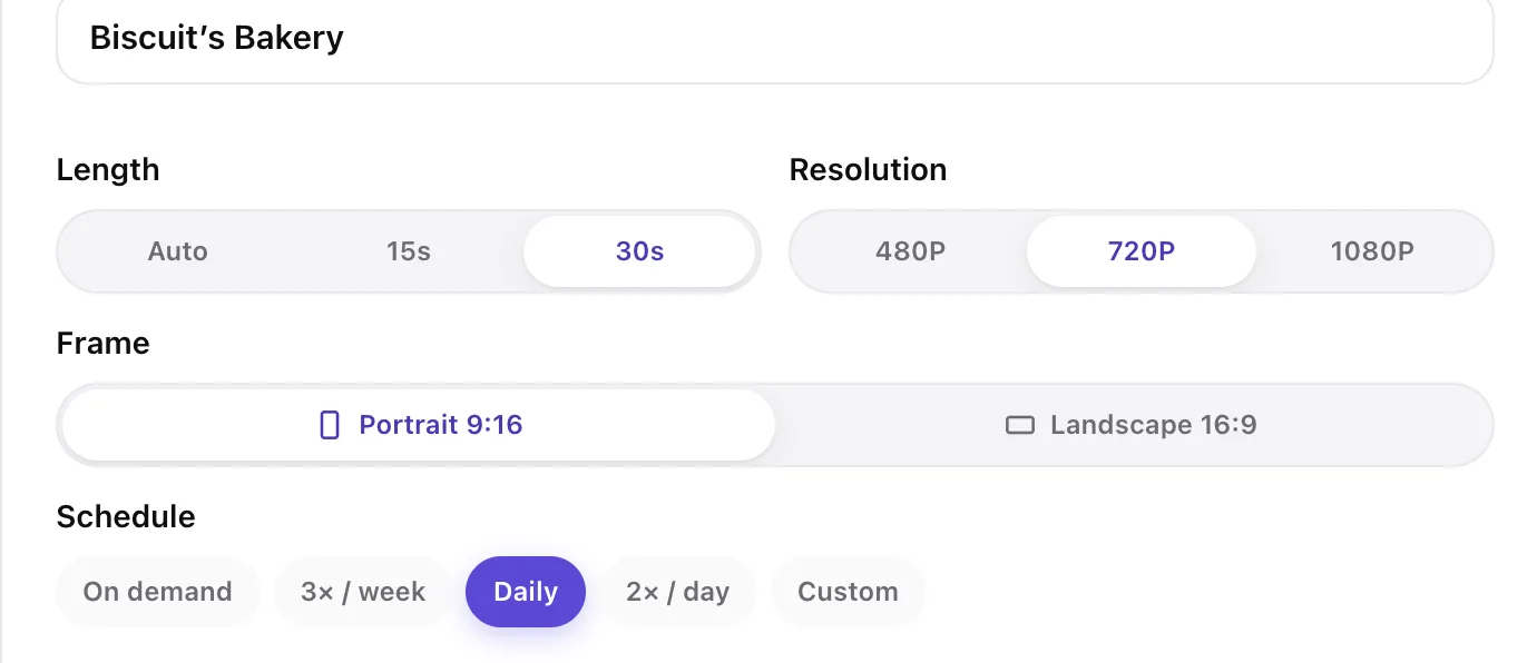 How to make AI cat videos as a series in Fableclip — show name, length, resolution, frame and a Daily schedule