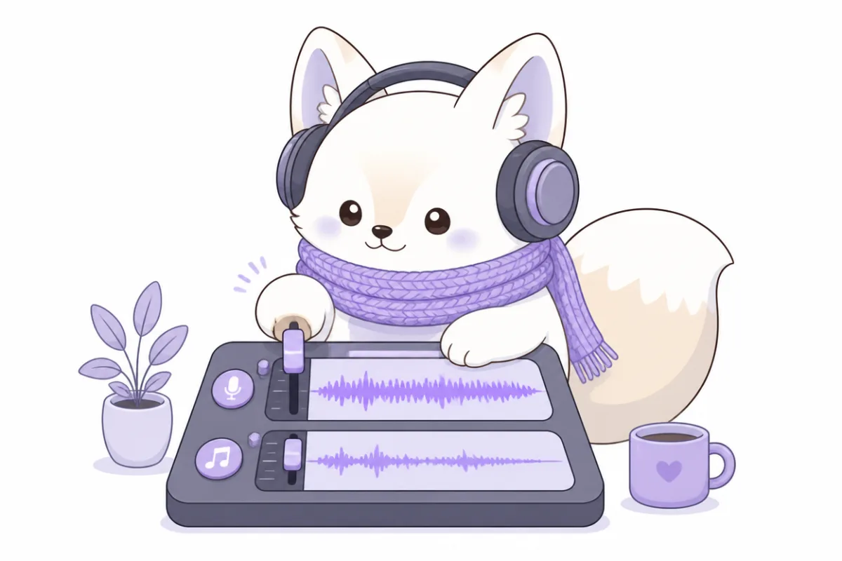 Balancing voice and music in a faceless video — a fox at a mixing desk pushing the voice up and keeping the music underneath