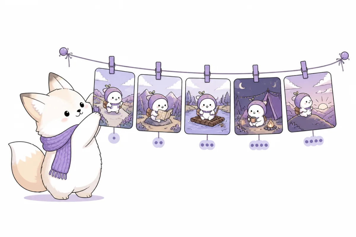 A faceless series that tells one story across episodes — a fox pinning episode cards with the same character onto a line