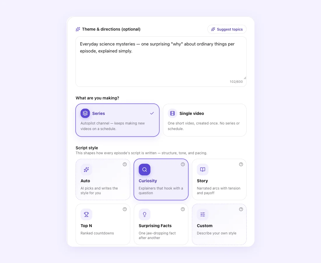 The first step of creating a faceless series in Fableclip — the theme box and the script style options