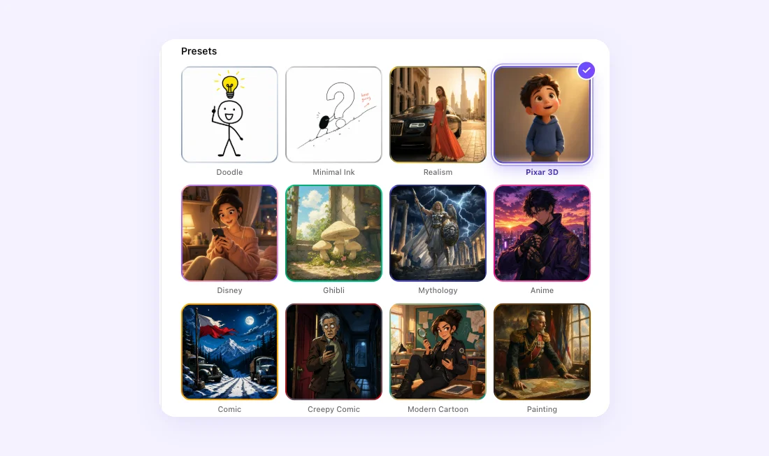 Picking an art style in Fableclip — Doodle, Minimal Ink, Realism, Pixar 3D, Disney, Ghibli, Mythology, Anime, Comic, Creepy Comic and more