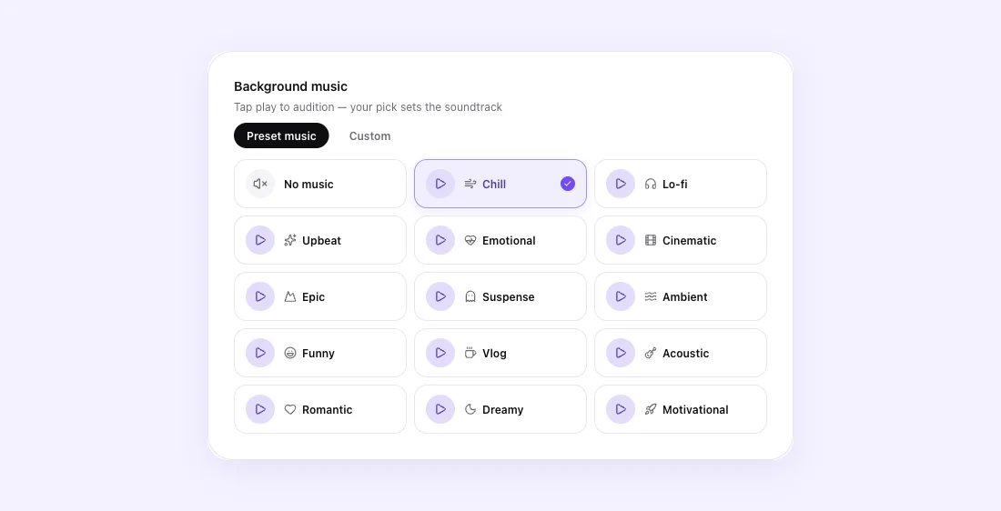 Picking background music in Fableclip — No music, Chill, Lo-fi, Upbeat, Emotional, Cinematic, Epic, Suspense and more
