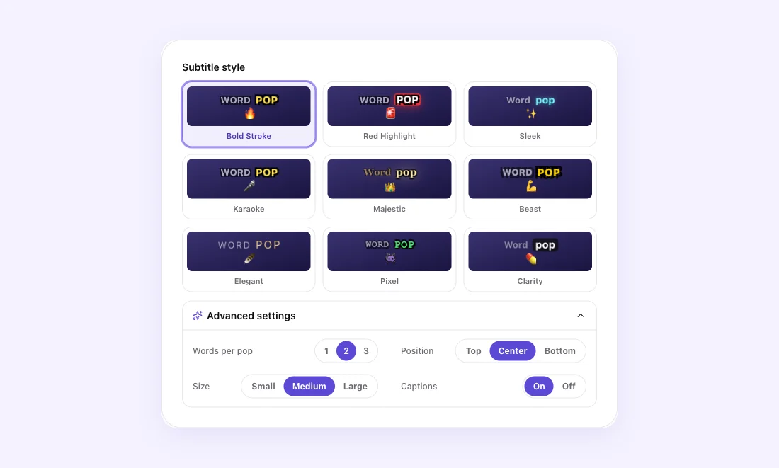 Setting up captions in Fableclip — caption styles, words per pop, position, size and an on/off switch