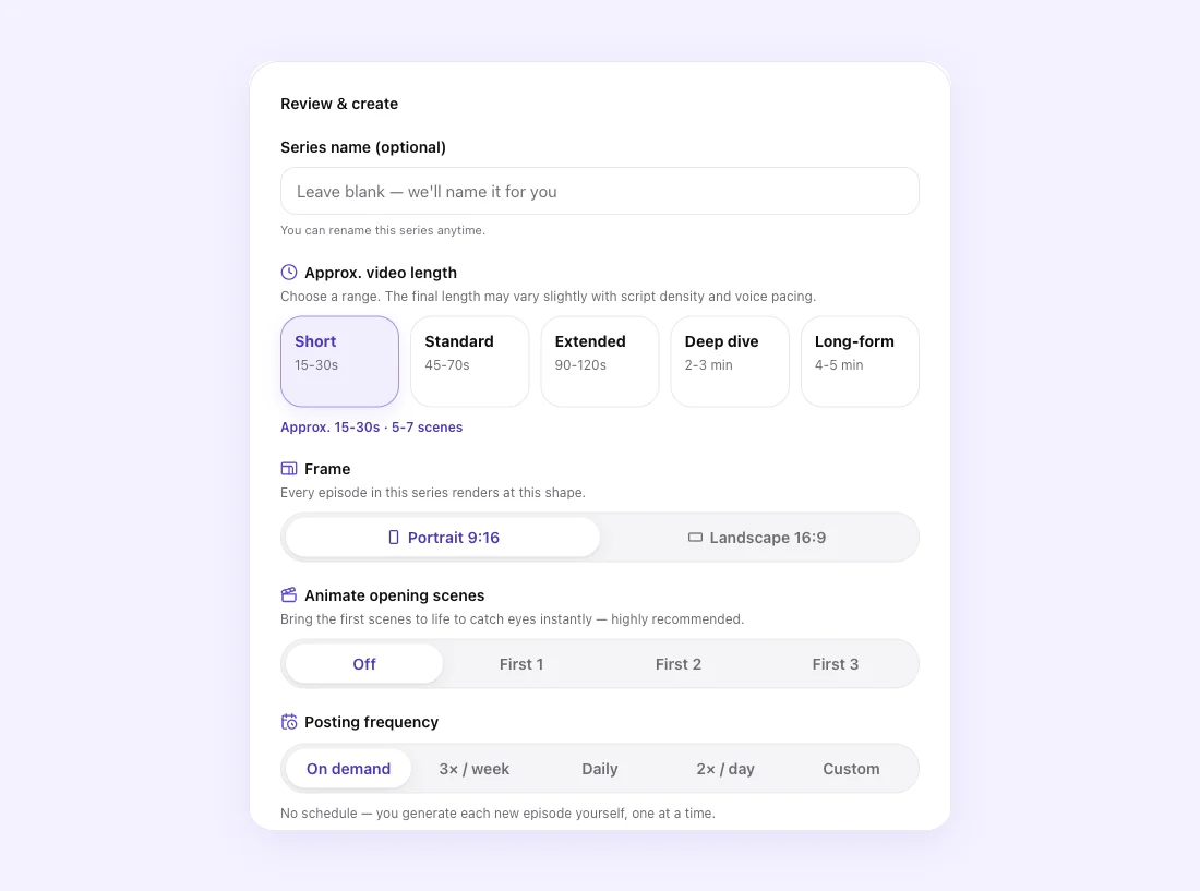 Choosing the video length and frame in Fableclip — Short, Standard, Extended, Deep dive and Long-form