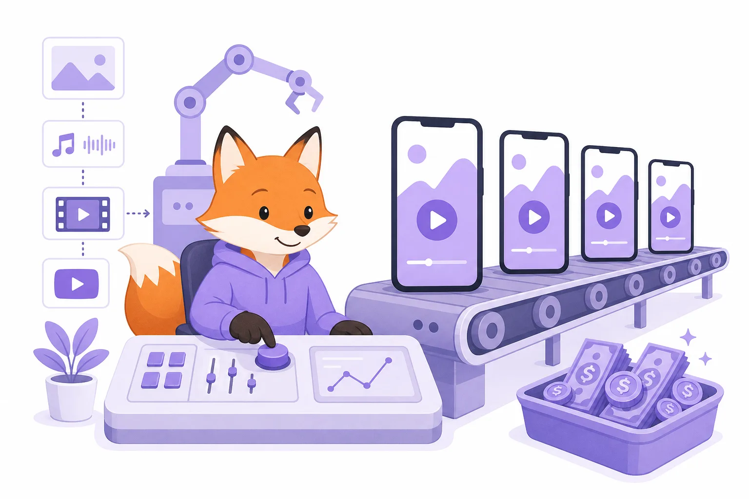A fox running an automated video production line from behind a desk — vertical videos rolling off a conveyor belt into a tray of coins, illustrating making money on YouTube without appearing on camera