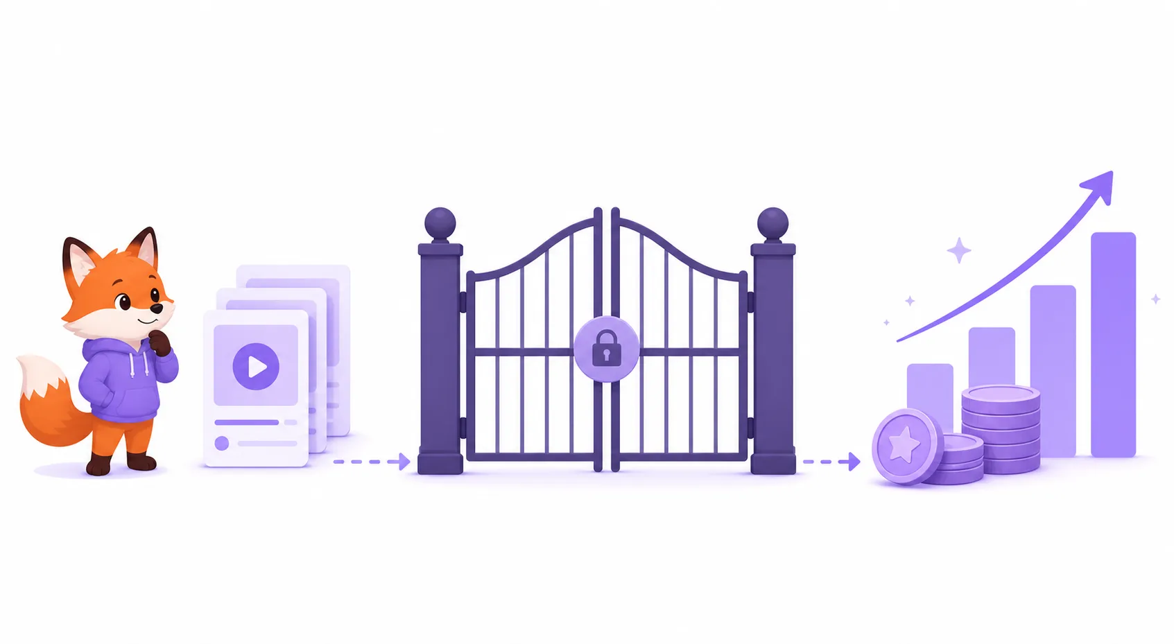 Illustration of YouTube's monetization gate — a fox with a stack of videos on one side, a locked gate in the middle, and rising revenue on the other, showing that earnings only begin after the eligibility threshold is cleared