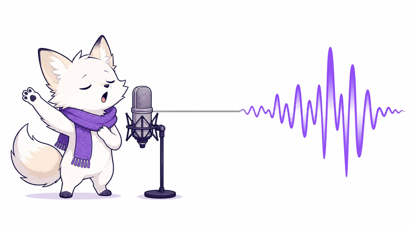 Premium Voice for faceless videos — a fox at a studio mic turning a flat, straight narration line into an expressive, rising-and-falling performance waveform