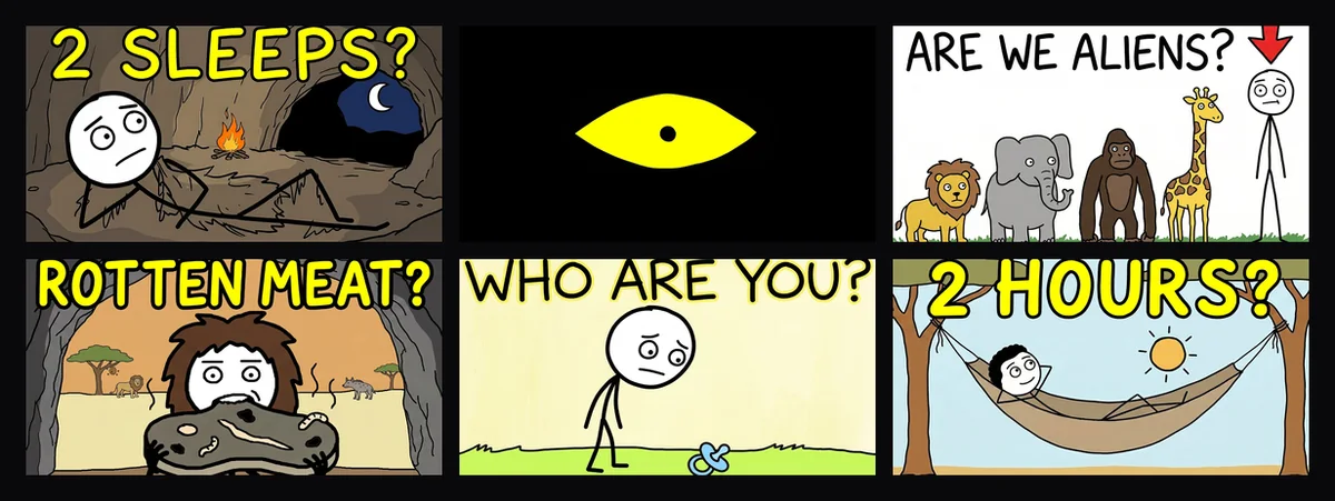 YouTube automation teardown — a grid of faceless doodle-animation thumbnails from the Zenn channel with curiosity-gap titles like "2 SLEEPS?", "ARE WE ALIENS?" and "ROTTEN MEAT?"